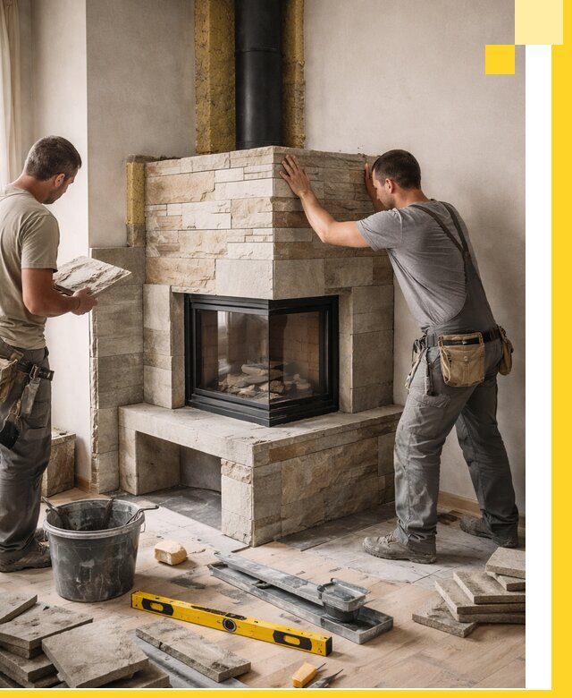 Угловые камины под ключ проект, монтаж и отделка в Кимовске