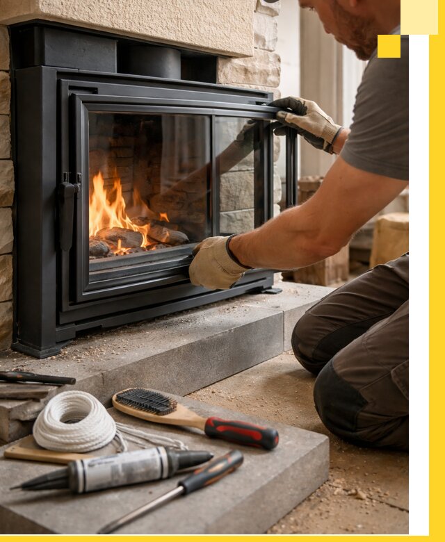 Производство, монтаж и доставка каминов со стеклом в Кимовске